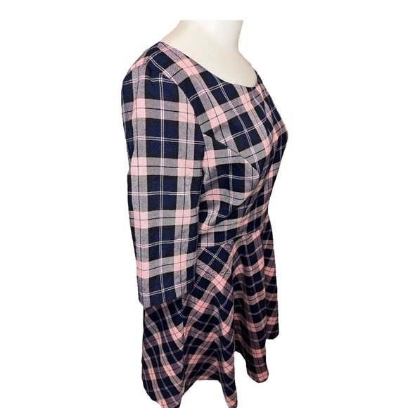 Shareen Pink Tartan Plaid Fit & Flare 3/4 Sleeve Mini Dress Sz 12 - Picture 2 of 5